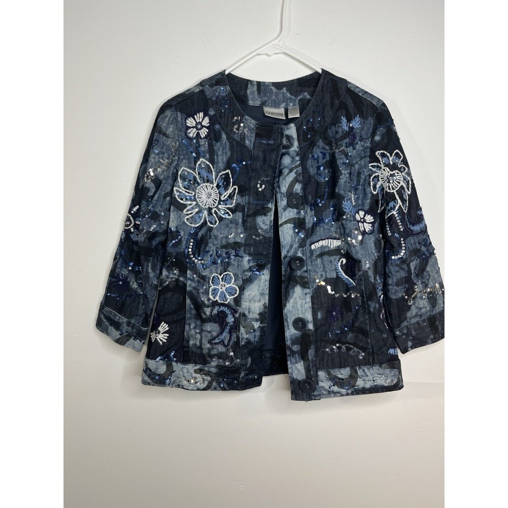 Chico's Linen Cotton Art Print Paisley Art Beaded Print Blazer 0 S 4